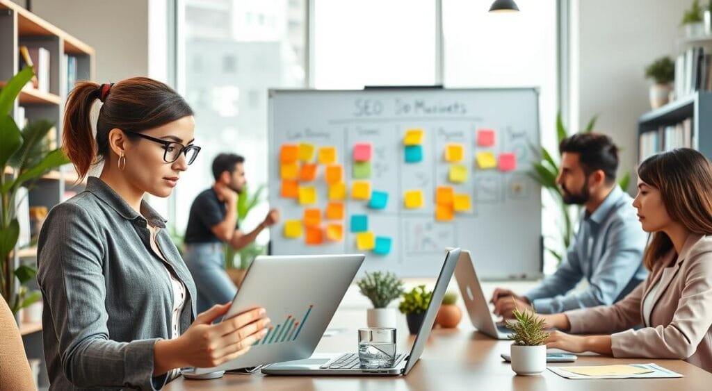 A modern office space designed for small business SEO services, featuring a diverse team of professionals of various ethnicities working collaboratively. In the foreground, a focused woman in professional attire examines a laptop, showcasing graphs and charts related to SEO metrics. In the middle, a digital whiteboard is filled with colorful sticky notes outlining an SEO project workflow. The background includes bright, natural lighting from large windows, plants for a touch of greenery, and shelves filled with SEO marketing books. The atmosphere is vibrant and productive, with an emphasis on teamwork and digital innovation, reflecting a step-by-step approach to mastering SEO services.