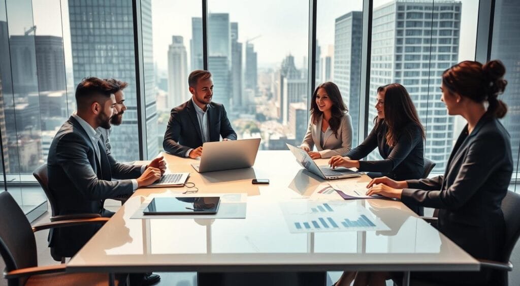 A modern office space with a large glass window showcasing a bustling cityscape in the background. In the foreground, a group of diverse professionals—two men and a woman—are engaged in a strategic discussion around a sleek, high-tech conference table. They are dressed in smart business attire, displaying a sense of collaboration and innovation. On the table, various digital marketing tools like graphs, laptops, and tablets are visible, highlighting data and analytics. Soft, natural light filters through the window, creating a bright and inviting atmosphere. The mood is dynamic and forward-thinking, embodying the essence of targeted marketing strategies in business growth. The camera angle is slightly above eye level, providing a clear view of interactions among team members while capturing the professional setting.