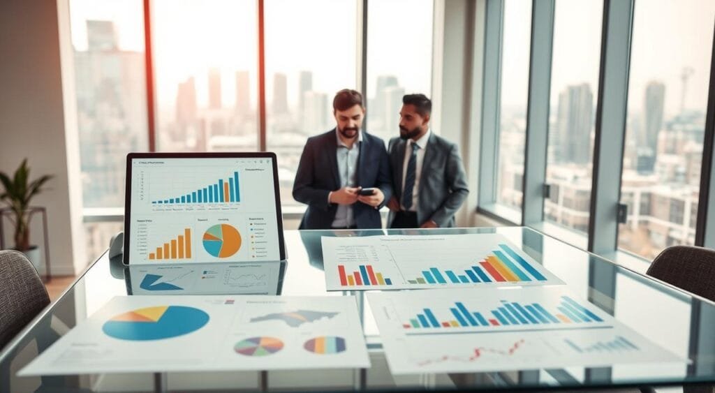 A modern office space with a sleek glass table in the foreground displaying various financial charts and graphs related to portfolio diversification, such as pie charts and bar graphs. A laptop nearby shows a financial software interface aimed at portfolio optimization. In the middle ground, a diverse group of three professionals—two men and one woman—are engaged in a serious discussion, dressed in smart business attire, focusing on the charts. In the background, large windows reveal a city skyline, enhancing the atmosphere of professionalism and ambition. Soft, natural lighting filters through, creating a bright and inviting mood. The camera angle is slightly elevated, offering a comprehensive view of the workspace, emphasizing collaboration and strategy in investment planning.