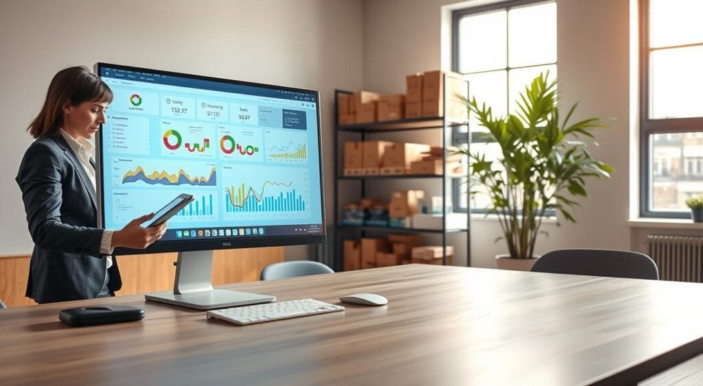 A modern office workspace dedicated to e-commerce solutions for inventory management. In the foreground, a sleek, high-tech computer displays a dynamic inventory dashboard with colorful graphs and stock levels. To the left, a business professional in smart casual attire examines a tablet, showcasing items with a barcode scanner. In the middle, shelves neatly organized with various product boxes and easy-to-reach stock. The background features a large window with soft, natural light illuminating the room, creating a bright and inviting atmosphere. A potted plant adds a touch of greenery. The overall mood is productive and innovative, highlighting the efficiency of managing inventory through advanced technology. The scene is shot from a slightly elevated angle to capture the workspace layout effectively.