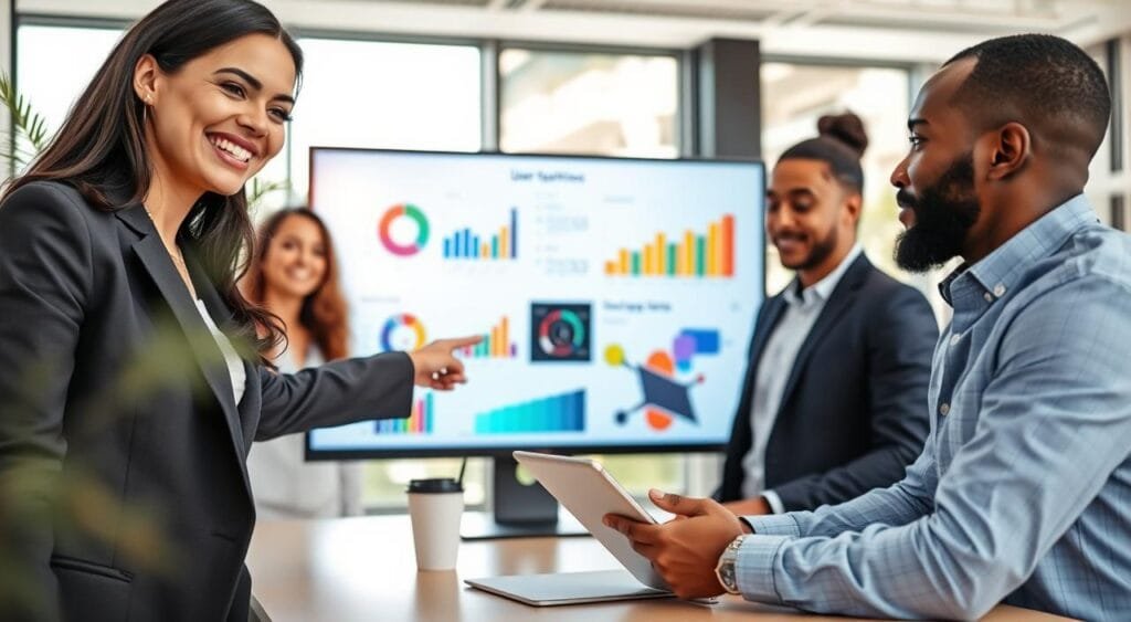 A modern office workspace featuring a diverse team of professionals actively analyzing user experience metrics on a large digital screen. In the foreground, a smiling woman in a business suit is pointing at the screen, while a man in casual attire takes notes at a laptop, conveying teamwork and collaboration. In the middle, the digital display showcases colorful charts and graphs illustrating user satisfaction and engagement metrics, with dynamic visuals representing data analysis. In the background, a bright, well-lit room with large windows and greenery adds a sense of openness and innovation. The lighting is bright and clear, emphasizing a productive atmosphere. Capture the image with a slightly angled perspective to evoke depth. The overall mood is focused yet optimistic, representative of achieving user experience success. A modern office workspace featuring a diverse team of professionals actively analyzing user experience metrics on a large digital screen. In the foreground, a smiling woman in a business suit is pointing at the screen, while a man in casual attire takes notes at a laptop, conveying teamwork and collaboration. In the middle, the digital display showcases colorful charts and graphs illustrating user satisfaction and engagement metrics, with dynamic visuals representing data analysis. In the background, a bright, well-lit room with large windows and greenery adds a sense of openness and innovation. The lighting is bright and clear, emphasizing a productive atmosphere. Capture the image with a slightly angled perspective to evoke depth. The overall mood is focused yet optimistic, representative of achieving user experience success.