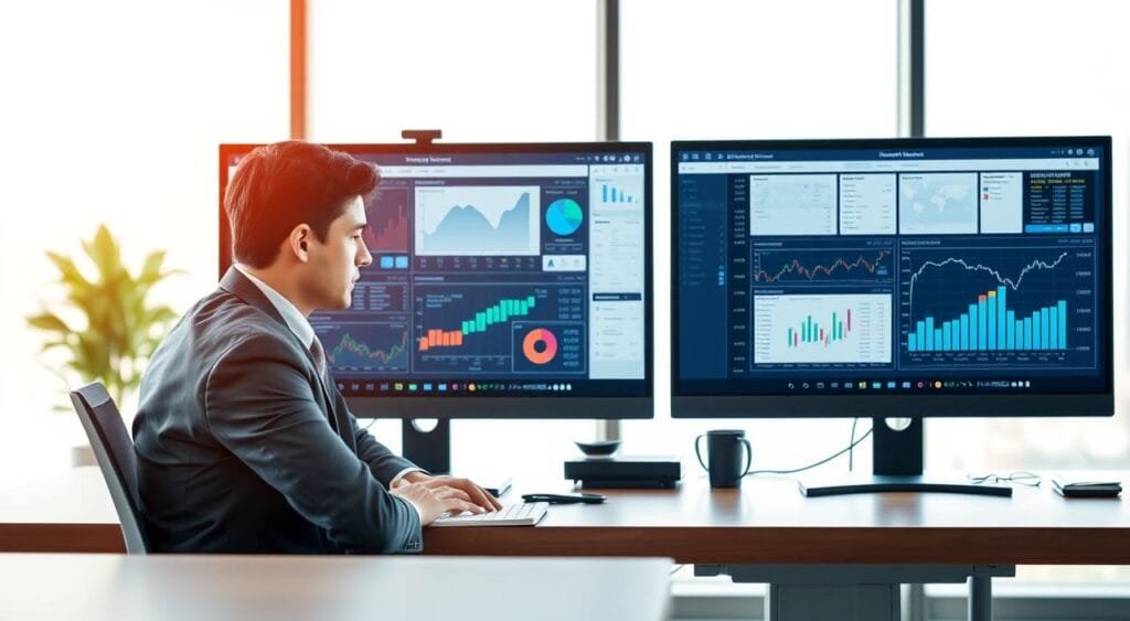 A modern office workspace featuring a sleek desk with dual monitors displaying financial planning and investment tracking software interfaces side by side. In the foreground, a professional individual in smart business attire is analyzing data on one of the screens, with focused facial expression. The middle layer includes various financial charts, graphs, and digital tools shown clearly on each monitor, showcasing integration between the two software types. In the background, large windows let in natural light, creating a bright and airy atmosphere. Soft, diffused lighting highlights the professionalism of the scene, while a subtle blur on the background adds depth. Overall, the mood is one of productivity, organization, and success, illustrating a seamless blend of technological tools aiding in financial decision-making.