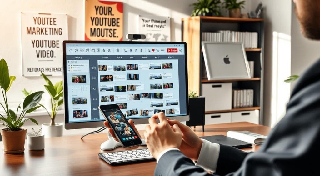 A modern office workspace featuring a sleek desktop computer displaying advanced video scheduling software interface. The screen showcases a colorful calendar layout filled with thumbnails of video content, analytics graphs, and social media icons. In the foreground, a person in professional business attire is intently reviewing the schedule, holding a smartphone in their other hand, symbolizing the integration of social media promotion. Soft natural light streams in from a nearby window, creating a warm and inviting atmosphere. The background features motivational posters about digital marketing, green plants, and a stylish bookshelf filled with reference materials. The scene conveys a sense of productivity and efficiency, highlighting the importance of organization in YouTube promotion strategies.