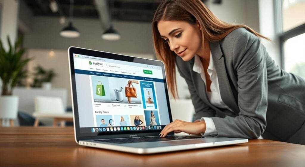 A modern office workspace featuring a sleek laptop displaying a vibrant Shopify store optimized for mobile viewing. In the foreground, a professional woman in smart casual attire leans over the laptop, engrossed in the screen. The middle layer showcases the laptop screen with a clear, responsive design of the Shopify store, emphasizing mobile navigation and user-friendly features. The background fades into a blurred view of a stylish office with soft natural lighting, complemented by decorative plants and minimalistic furniture. The atmosphere is focused and productive, embodying a sense of mastery and professionalism in digital commerce optimization. The angle is slightly tilted down to create depth, ensuring the subject’s engagement is highlighted while maintaining a clean, modern aesthetic. A modern office workspace featuring a sleek laptop displaying a vibrant Shopify store optimized for mobile viewing. In the foreground, a professional woman in smart casual attire leans over the laptop, engrossed in the screen. The middle layer showcases the laptop screen with a clear, responsive design of the Shopify store, emphasizing mobile navigation and user-friendly features. The background fades into a blurred view of a stylish office with soft natural lighting, complemented by decorative plants and minimalistic furniture. The atmosphere is focused and productive, embodying a sense of mastery and professionalism in digital commerce optimization. The angle is slightly tilted down to create depth, ensuring the subject’s engagement is highlighted while maintaining a clean, modern aesthetic.