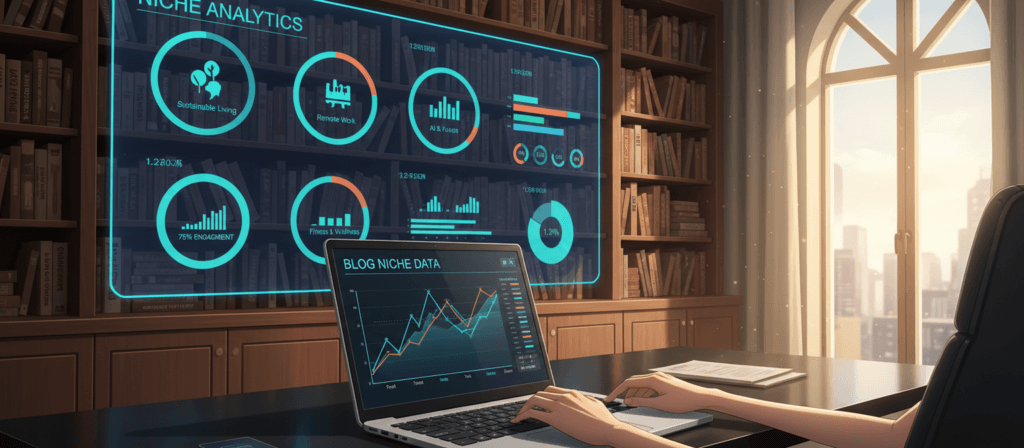 A modern office workspace, featuring a sophisticated desk with a laptop open to a colorful graph analyzing blog niche data. In the foreground, a pair of hands are typing on a keyboard, displaying engagement with the analysis. The middle layer includes a large digital screen mounted on the wall, showcasing various niche topics with corresponding analytics, including charts and infographics. The background features bookshelves filled with marketing and blogging books, with a large window letting in soft, natural light, creating a warm atmosphere. The overall mood is focused and professional, reflecting the importance of data-driven decision-making in blogging. The scene should evoke a sense of productivity, strategy, and insight.