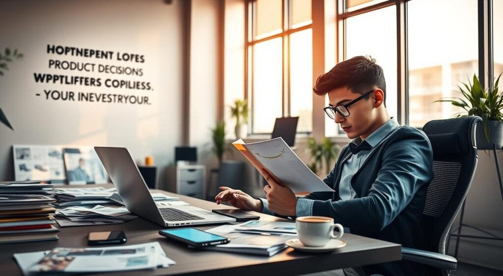 A modern office workspace focused on the concept of dropshipping. In the foreground, a young professional, dressed in business casual attire, is intently analyzing product samples on a sleek laptop. The middle ground features a stylish desk cluttered with product catalogs, a smartphone with supplier contact apps open, and a cup of coffee, creating a sense of productivity. In the background, large windows allow warm natural light to fill the space, highlighting motivational quotes about entrepreneurship on the wall. The atmosphere is dynamic and inspiring, suggesting a motivated individual ready to make business decisions without financial investment. The overall image conveys a sense of opportunity, professionalism, and the excitement of starting a new venture.