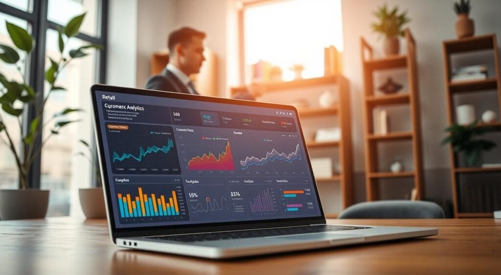 A modern online retail environment showcasing an e-commerce dashboard with dynamic analytics and performance metrics. In the foreground, a laptop screen displays colorful graphs and statistics, highlighting sales data and customer engagement statistics. In the middle ground, a professional individual, dressed in business attire, appears focused and engaged, analyzing the data on the screen. The background features a stylish home office with a plant, bookshelf, and soft natural light streaming through a window, creating a calm and productive atmosphere. The scene captures a sense of professionalism and modernity, emphasizing the importance of data analysis in an online retail context. The angle should be slightly overhead, giving a clear view of both the screen and the individual at work.