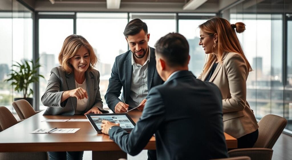 A modern real estate office setting, showcasing a diverse group of three professionals engaged in a brainstorming session around a large conference table. In the foreground, a middle-aged woman in a smart blazer points to a digital tablet displaying property listings, while a young man in a casual business shirt takes notes. A young woman in business casual attire leans forward, sharing ideas. The middle ground features a large window with natural light streaming in, creating an inviting atmosphere, with cityscape views in the background. The overall mood is collaborative and energetic, emphasizing innovation in property management. Soft, warm lighting enhances the scene, evoking a sense of opportunity and professionalism.
