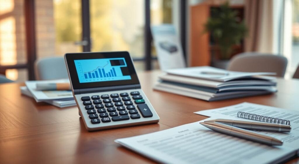 A modern retirement planning calculator displayed prominently on a sleek wooden desk, taking center stage in the foreground. The device features a digital interface with graphs and numbers illuminated in a soft, inviting blue light. Surrounding the calculator, neatly arranged retirement planning materials, such as pamphlets and a notepad with a pen, create a sense of organized professionalism. In the background, a softly blurred office setting reveals a large window with warm sunlight flooding in, casting gentle shadows, enhancing the positive atmosphere of financial planning. The scene conveys a mood of calm focus and strategic thought, emphasizing the importance of preparing for a secure future. The composition is shot from a slight overhead angle to capture the details effectively.