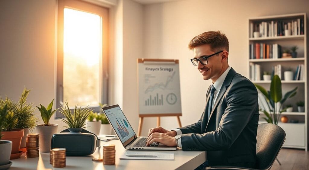 A modern, sleek home office setting, illuminated by warm, natural light streaming through a large window. In the foreground, a confident young professional in smart business attire is deeply focused on a high-tech laptop displaying graphs and digital financial tools. Surrounding them are various symbols of technology and finance, such as a smartphone with a budgeting app, stacks of coins, and a virtual reality headset on a desk. In the middle ground, a whiteboard displays growth strategies and savings plans, while potted plants add a touch of life. The background features a minimalist bookshelf filled with finance-related books, creating a sense of intelligence and productivity. The overall mood is optimistic and inspiring, highlighting the power of technology in enhancing financial management. A modern, sleek home office setting, illuminated by warm, natural light streaming through a large window. In the foreground, a confident young professional in smart business attire is deeply focused on a high-tech laptop displaying graphs and digital financial tools. Surrounding them are various symbols of technology and finance, such as a smartphone with a budgeting app, stacks of coins, and a virtual reality headset on a desk. In the middle ground, a whiteboard displays growth strategies and savings plans, while potted plants add a touch of life. The background features a minimalist bookshelf filled with finance-related books, creating a sense of intelligence and productivity. The overall mood is optimistic and inspiring, highlighting the power of technology in enhancing financial management.