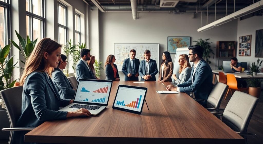 A modern, sleek office space featuring a diverse group of professionals in business attire gathered around a large conference table. In the foreground, a woman with a laptop displaying graphs and social media metrics, emphasizing success in influencer collaboration. The middle ground includes diverse team members discussing strategies, with sticky notes and charts on a whiteboard behind them, illustrating the measurement of campaign effectiveness. Soft, natural lighting enters through large windows, casting a warm, inviting atmosphere. The background shows a well-organized, bustling office environment filled with plants and motivational artwork. The overall mood is focused, collaborative, and innovative, perfect for a workspace dedicated to measuring the success of influencer collaborations.