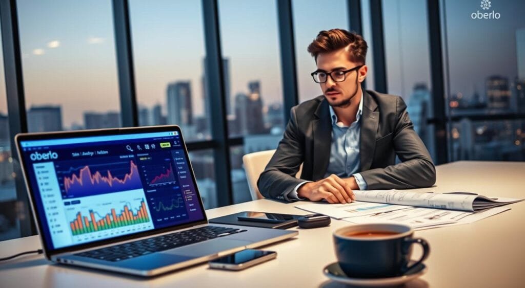 A modern, sleek workspace depicting Oberlo's analytics tools in action. In the foreground, a laptop screen displays vibrant graphs and charts illustrating sales analytics, with a digital dashboard showcasing real-time data. A stylish, professional individual in business attire studies the data, their expression focused and contemplative. In the middle, a clean desk is cluttered with analytics reports, a smartphone displaying a business app, and a cup of coffee to suggest a productive environment. The background features soft, ambient lighting, with a large window revealing a cityscape, creating an atmosphere of success and ambition. The scene captures the essence of utilizing advanced analytics for business growth and decision-making. A modern, sleek workspace depicting Oberlo's analytics tools in action. In the foreground, a laptop screen displays vibrant graphs and charts illustrating sales analytics, with a digital dashboard showcasing real-time data. A stylish, professional individual in business attire studies the data, their expression focused and contemplative. In the middle, a clean desk is cluttered with analytics reports, a smartphone displaying a business app, and a cup of coffee to suggest a productive environment. The background features soft, ambient lighting, with a large window revealing a cityscape, creating an atmosphere of success and ambition. The scene captures the essence of utilizing advanced analytics for business growth and decision-making.
