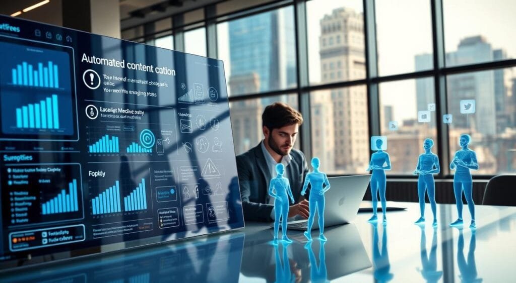 A modern, sleek workspace filled with advanced automated content creation tools. In the foreground, a large, transparent touchscreen interface displays social media analytics and AI-driven suggestions for engaging posts, glowing softly with a blue hue. The middle-ground features a professional dressed in smart casual attire, focused on a laptop, surrounded by virtual assistants represented as holographic figures, each showcasing different social media platforms. The background depicts a vibrant cityscape through large windows, emphasizing a tech-forward environment. Soft, natural lighting illuminates the scene, creating a productive and inspiring atmosphere. The composition is dynamic, with a slight tilt-angle to emphasize innovation and creativity, highlighting the synergy between humans and technology in content creation. A modern, sleek workspace filled with advanced automated content creation tools. In the foreground, a large, transparent touchscreen interface displays social media analytics and AI-driven suggestions for engaging posts, glowing softly with a blue hue. The middle-ground features a professional dressed in smart casual attire, focused on a laptop, surrounded by virtual assistants represented as holographic figures, each showcasing different social media platforms. The background depicts a vibrant cityscape through large windows, emphasizing a tech-forward environment. Soft, natural lighting illuminates the scene, creating a productive and inspiring atmosphere. The composition is dynamic, with a slight tilt-angle to emphasize innovation and creativity, highlighting the synergy between humans and technology in content creation.