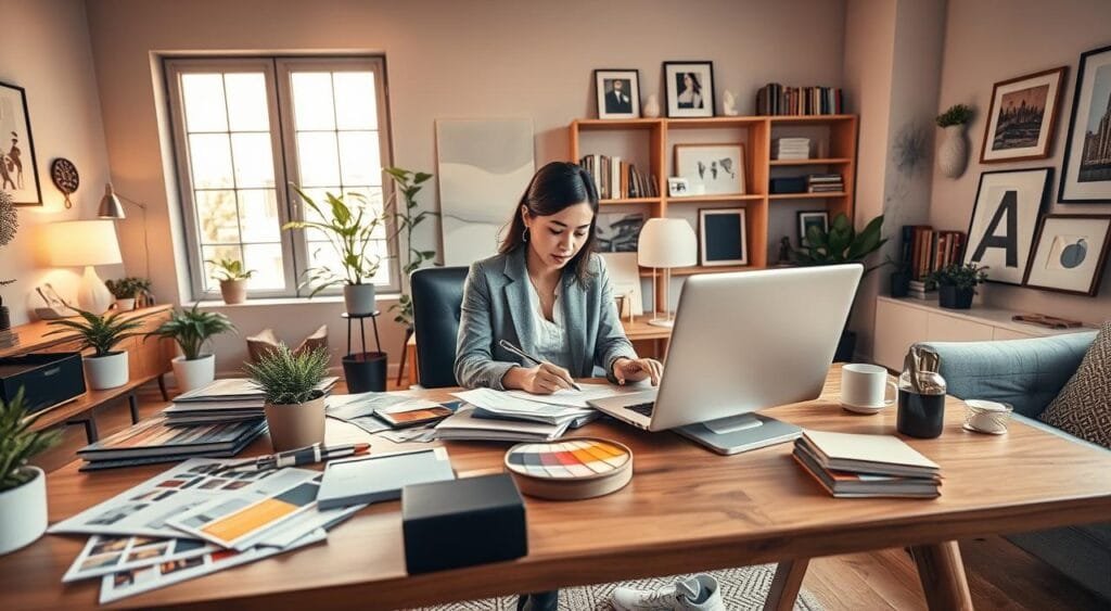 A modern, stylish home office designed for freelance interior design work. In the foreground, a sleek wooden desk cluttered with design tools, color swatches, and a laptop displaying an online job platform. A professional woman in smart casual attire works intently, surrounded by plants and decorative items that reflect her design expertise. In the middle ground, large windows let in warm, natural light, illuminating the room's contemporary furnishings. The background features shelves filled with design books and framed inspiration boards. The atmosphere is productive and creative, embodying the essence of remote work in interior design, with a cozy yet sophisticated aesthetic. The perspective captures a slight overhead angle, enhancing the sense of space.