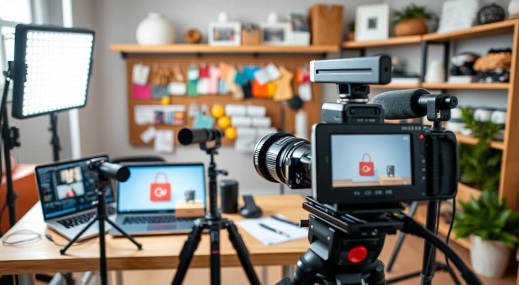 A modern video production setup for e-commerce, showcasing essential tools and equipment for video creation. In the foreground, a sleek camera on a tripod focuses on a small product display, well-lit with soft, diffused lighting to eliminate harsh shadows. Adjacent, a professional laptop displays video editing software, while a microphone and an LED light panel are positioned nearby. In the middle ground, a creative workspace is organized, featuring colorful product samples and storyboards pinned to a corkboard. The background includes shelves filled with various filming accessories and materials. The atmosphere is vibrant yet professional, evoking a sense of innovation and creativity in the realm of video marketing for online stores.