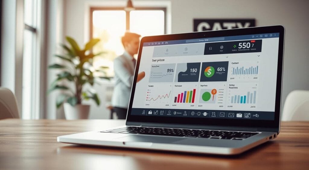 A modern, well-organized Shopify store setup displayed prominently in the foreground, showcasing a clean and user-friendly interface on a laptop screen. In the middle ground, a professional-looking individual in business attire analyzes data on SEO performance, surrounded by charts and graphs on a digital dashboard. The background features a stylish workspace with a plant and a bright window letting in natural light, creating a warm, inviting atmosphere. Soft lighting highlights the focus on the Shopify store interface, emphasizing the importance of SEO best practices. The scene conveys a sense of professionalism and innovation in e-commerce, reflecting the essential strategies for optimizing online visibility.