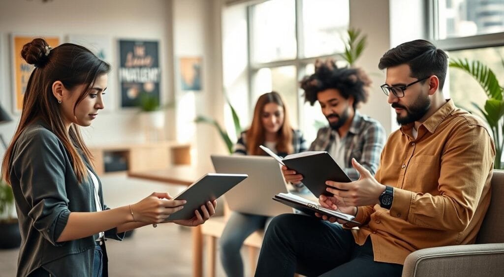 A modern workspace featuring a diverse group of four professionals engaged in effective time management for their side hustle opportunities. In the foreground, a young woman in smart casual attire is planning her schedule on a digital tablet, while a man in business attire reviews a financial chart on his laptop. The middle ground captures another woman taking notes in a notebook and a man on a video call discussing strategies. The background shows a bright, open office with motivational posters, plants, and natural light flooding in through large windows. Use a wide-angle lens for an inviting atmosphere, with soft, warm lighting to evoke focus and productivity. Overall, the scene should reflect a sense of ambition, collaboration, and time efficiency.