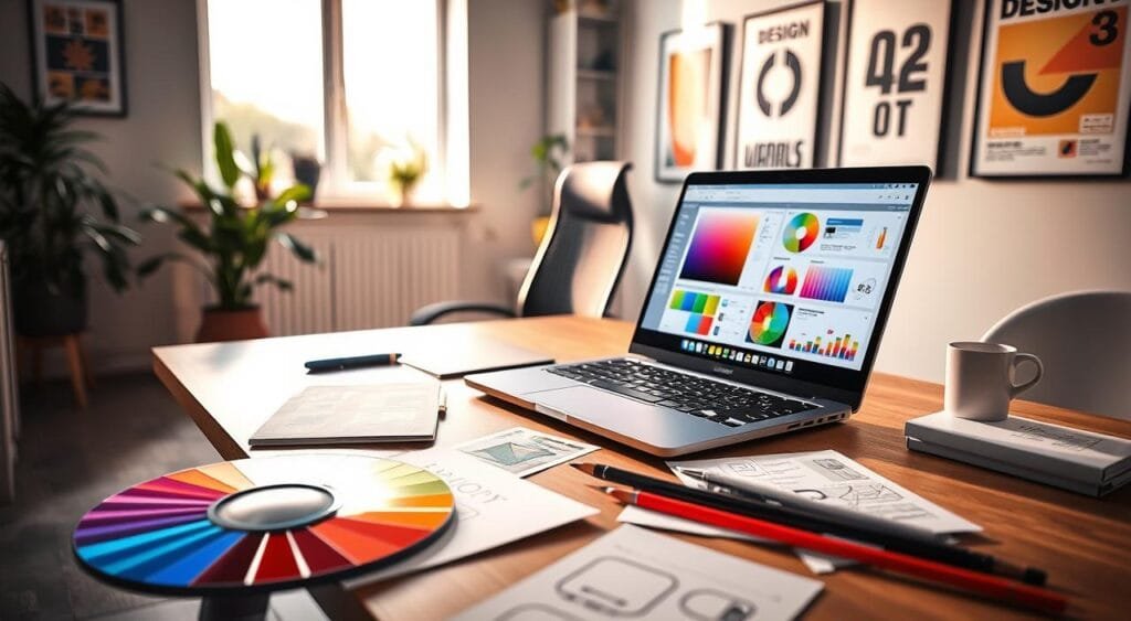 A modern workspace featuring a sleek desk with a high-quality laptop open to design software, showcasing vibrant color palettes and mockup templates. In the foreground, a color wheel and design sketches scattered around, suggesting creativity in the air. In the middle ground, a stylish ergonomic chair occupies the space, while a potted plant adds a touch of greenery. The background includes a wall with framed design project posters and a large window letting in warm, natural light, casting soft shadows. The mood is focused and productive, with a sense of inspiration emanating from the organized chaos of a graphic designer's creative hub. The composition is shot at eye level, capturing the inviting atmosphere of a well-managed workspace.