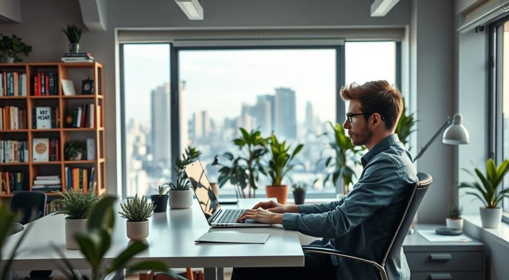 A modern workspace featuring a young professional sitting at a sleek, minimalist desk, laptop open and focused on work, surrounded by plants and creative decor. In the foreground, the individual, dressed in smart casual attire, is engaged in a virtual meeting. In the middle ground, a large window fills the space with natural light, revealing a vibrant cityscape outside. The background showcases a well-organized bookshelf filled with books on entrepreneurship and branding. The atmosphere is vibrant and inspiring, conveying a sense of productivity and creativity. Soft, warm lighting enhances the inviting feel of the room, emphasizing the balance between professional ambition and comfortable freelance work. Use a slightly elevated camera angle to capture the dynamic essence of this flexible freelance environment.