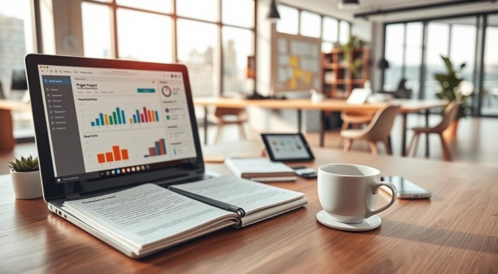 A modern workspace featuring an array of freelance project management tools. In the foreground, a sleek laptop displays an intuitive project management software dashboard with colorful charts and task lists. Next to the laptop, a stylish notepad holds hand-written notes and a cup of coffee exudes warmth. In the middle, a large desk organized with sticky notes, a tablet with digital collaboration tools open, and a smartphone with project notifications visible. The background features a bright, airy office with large windows allowing natural light to flood in, accentuating a focus on productivity and creativity. The atmosphere is upbeat and organized, reflecting a professional freelance environment. The scene is captured with a slightly elevated angle, give depth to the workspace and highlighting the tools' functionality, with soft natural lighting emphasizing clarity and warmth.