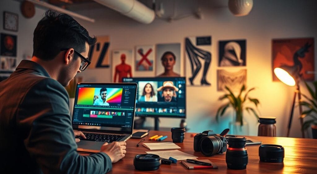A modern workspace filled with vibrant editing tools and techniques for creating Instagram Reels. In the foreground, a professional individual, dressed in sleek business casual attire, is focused on a laptop screen displaying a colorful editing software interface. Scattered around are lenses, a camera, and notes with creative ideas. The middle ground features a large monitor showcasing video clips in editing mode, surrounded by mood boards and color palettes. The background is softly lit, with artistic posters and subtle ambient lighting, creating a dynamic and inspiring atmosphere. A warm, inviting glow envelops the scene, suggesting creativity and productivity in full swing.