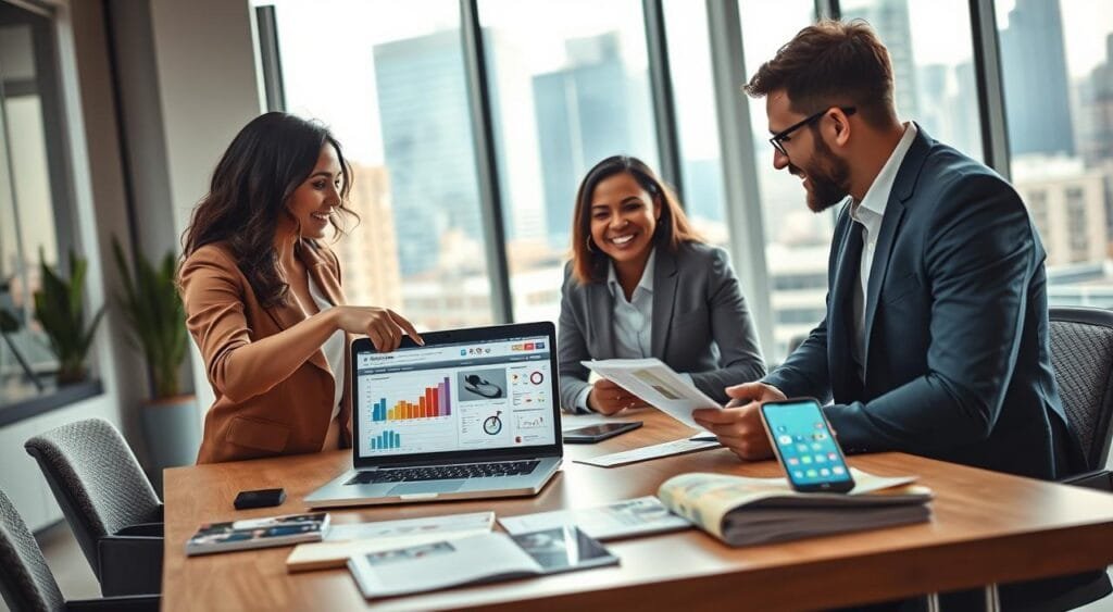A modern workspace scene, featuring a diverse group of three business professionals engaging in a lively discussion about marketing strategies for a dropshipping store. In the foreground, a woman in a smart casual outfit points at a laptop displaying colorful graphs and product images, while a man in a business suit takes notes. In the middle ground, a trendy, clutter-free desk holds marketing materials like brochures and a smartphone showing social media platforms. The background features a large window with natural light flooding in, illuminating a cityscape. The atmosphere is dynamic and collaborative, with a hint of creativity, symbolizing the excitement of promoting a new online venture. Use soft, bright lighting for an inviting feel, and a slightly blurred background to keep the focus on the professionals.