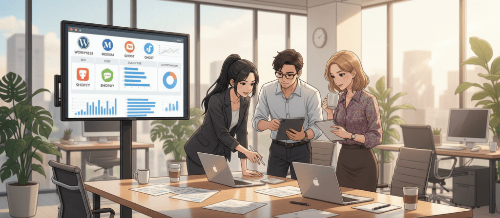 A modern workspace scene illustrating the process of selecting a blogging platform. In the foreground, a diverse group of three professionals is gathered around a sleek, wooden table covered with laptops, notepads, and coffee cups. They are engaged in a focused discussion, dressed in smart business attire. The middle ground features a wall-mounted screen displaying various blogging platforms and comparison charts. In the background, bright windows let in natural light, casting a warm glow over the room filled with leafy plants and contemporary decor. The atmosphere is collaborative and energetic, highlighting the importance of making informed choices in the blogging journey. Use soft, balanced lighting with a slight depth of field to emphasize the table's activity while blurring the background subtly.
