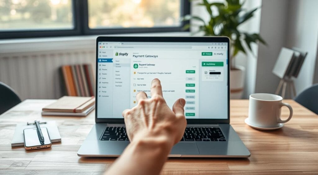A modern workspace setup featuring a sleek laptop open to a Shopify dashboard, displaying payment gateway options. In the foreground, a hand reaches out to click on the "Activate" button for a payment method, symbolizing the setup process. The middle ground shows organized office supplies, like notepads and a smartphone, alongside a coffee cup, creating a cozy yet professional atmosphere. In the background, a large window lets in natural light, illuminating the space and casting soft shadows. The overall mood is encouraging and focused, highlighting the excitement of starting an online business. Use a shallow depth of field with soft bokeh effects to draw attention to the laptop while keeping the rest of the environment slightly blurred, enhancing the sense of a working professional setting. A modern workspace setup featuring a sleek laptop open to a Shopify dashboard, displaying payment gateway options. In the foreground, a hand reaches out to click on the "Activate" button for a payment method, symbolizing the setup process. The middle ground shows organized office supplies, like notepads and a smartphone, alongside a coffee cup, creating a cozy yet professional atmosphere. In the background, a large window lets in natural light, illuminating the space and casting soft shadows. The overall mood is encouraging and focused, highlighting the excitement of starting an online business. Use a shallow depth of field with soft bokeh effects to draw attention to the laptop while keeping the rest of the environment slightly blurred, enhancing the sense of a working professional setting.