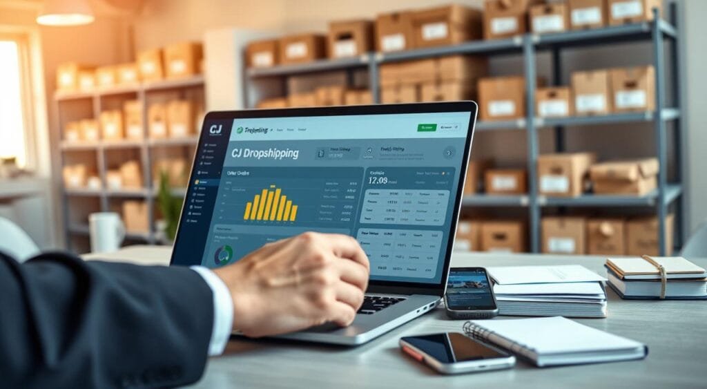 A modern workspace showcasing a professional setting for managing inventory and orders in dropshipping. In the foreground, a sleek laptop displays a dashboard of CJ Dropshipping with stock levels and order summaries. A hand, dressed in a smart business outfit, interacts with the laptop. In the middle, organizational tools like notepads, a smartphone displaying notifications, and product samples are neatly arranged. In the background, a light-filled office has shelves stocked with boxes labeled with various products, symbolizing a well-managed inventory. Warm, natural lighting enhances a productive atmosphere, with a soft focus on the shelves to create depth. The overall mood is efficient and collaborative, perfect for illustrating the dynamics of automated dropshipping management.