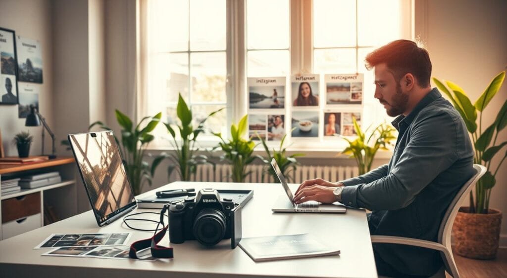 A modern workspace showcasing freelance photography gigs, set in a bright, airy home office. In the foreground, a professional photographer, dressed in smart casual attire, is engaged in a video call on a laptop, discussing project ideas with a client. On the desk, a stylish camera and several printed photographs of landscapes and portraits are visible, symbolizing diverse photography genres. The middle ground features a large window with natural light pouring in, illuminating mood boards with social media marketing strategies, showcasing popular platforms like Instagram and Pinterest. In the background, vibrant plants add a refreshing touch, creating an inviting atmosphere. Use soft, warm lighting to enhance the creative energy of the space, capturing a sense of professionalism and inspiration.