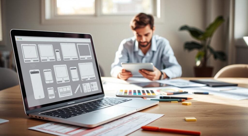 A modern workspace showcasing mobile responsive design tools for testing. In the foreground, a sleek laptop displays various screen layouts—mobile, tablet, and desktop—surrounded by colorful wireframe sketches. The middle ground features a designer in professional attire, intently looking at the screen while using a stylus on a tablet, surrounded by design-related gadgets like color palettes and sticky notes. The background is softly blurred to focus on the workspace, with natural light streaming through a window, casting gentle shadows. The mood is focused and innovative, ideal for creative work. The image captures the essence of modern responsive design testing with an ambiance of productivity and inspiration. A modern workspace showcasing mobile responsive design tools for testing. In the foreground, a sleek laptop displays various screen layouts—mobile, tablet, and desktop—surrounded by colorful wireframe sketches. The middle ground features a designer in professional attire, intently looking at the screen while using a stylus on a tablet, surrounded by design-related gadgets like color palettes and sticky notes. The background is softly blurred to focus on the workspace, with natural light streaming through a window, casting gentle shadows. The mood is focused and innovative, ideal for creative work. The image captures the essence of modern responsive design testing with an ambiance of productivity and inspiration.