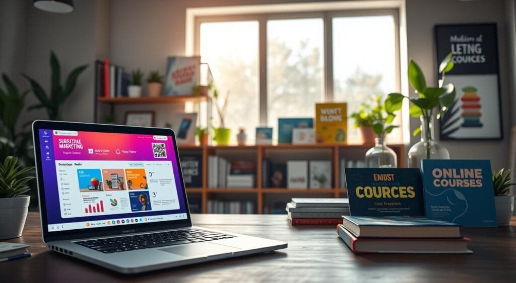 A modern workspace showcasing various subscription-based digital products in an inspiring, professional setting. In the foreground, a sleek laptop displays a vibrant dashboard of digital content subscriptions, surrounded by digital marketing materials like infographics and reports. In the middle ground, shelves neatly hold educational eBooks and vibrant graphics for online courses, symbolizing growth and learning. The background features a large window with natural light streaming in, illuminating the space, with plants and motivational artwork enhancing the atmosphere. The overall mood is optimistic and forward-thinking, hinting at innovation and opportunities in the digital marketplace for 2026. The scene is captured from a slightly elevated angle to highlight the workspace's organization and dynamism.