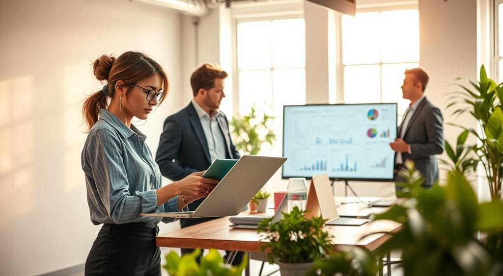 A modern workspace showing a diverse group of content creators collaborating on niche ideas. In the foreground, a young woman in professional attire is brainstorming with a laptop opened, surrounded by colorful charts and graphs focusing on profitability. In the middle ground, two men, one in business casual and the other in smart attire, are discussing strategies while analyzing data on a large screen. The background showcases a bright, minimalist office with plants and creative decor suggesting innovation. Soft, natural lighting coming from large windows creates an inviting atmosphere, emphasizing productivity and creativity. The overall mood is motivating and collaborative, illustrating the vibrant world of niche content creation in 2026.