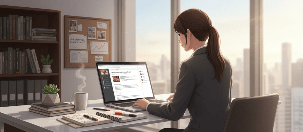 A person in professional attire sits at a sleek desk, focused on a laptop with an open blogging platform, surrounded by notes and a steaming cup of coffee. The foreground features organized notebooks and a plant for a touch of greenery. In the middle ground, large windows let in warm, natural light, casting a soft glow and creating an inviting atmosphere. On the desk’s wall, a colorful vision board displays successful blog metrics and goals. In the background, a bookshelf filled with marketing and blogging research materials subtly enhances the workspace. The overall mood is productive and inspiring, embodying the essence of maintaining a profitable blog in a modern, dynamic environment, captured with a shallow depth of field to emphasize the subject.