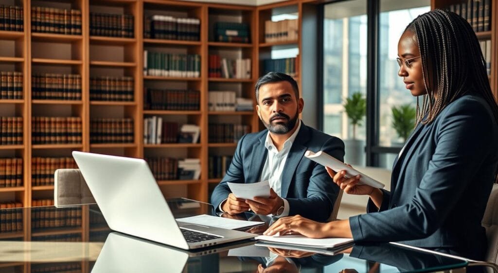 A professional advisor in a modern office setting, engaged in a deep conversation with a freelance consultant. The advisor, a middle-aged South Asian man in a tailored navy suit, is seated at a sleek glass desk with a laptop open, showing financial documents. The consultant, a young Black woman in smart casual attire, is attentively taking notes on a notepad. In the background, bookshelves filled with legal texts and business resources convey an atmosphere of knowledge and authority. The lighting is warm and natural, streaming in through large windows, creating a welcoming and inspiring mood. The angle captures both the advisor’s focused expression and the consultant’s eager engagement, emphasizing professionalism and collaboration.