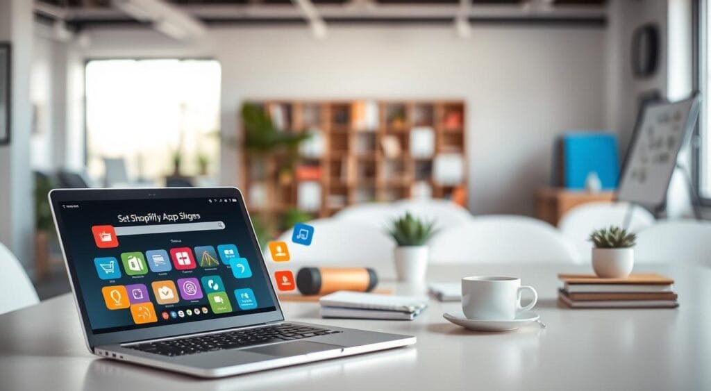 A professional and inviting workspace setting, featuring a sleek laptop displaying the Shopify app store on the screen in the foreground. Surrounding the laptop are vibrant icons of popular free Shopify apps, such as shopping cart, marketing tools, and analytics symbols, arranged attractively. In the middle ground, a well-organized desk adorned with notepads, a cup of coffee, and a plant adds a touch of warmth and productivity. The background features a soft-focus office environment that conveys a sense of growth and success, with natural light streaming through a window to create a bright, airy atmosphere. The overall mood is optimistic and inspiring, reflecting the potential of effectively setting up Shopify apps for online business growth.