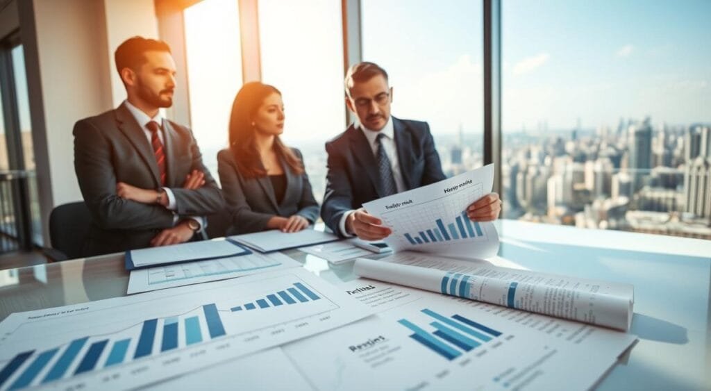 A professional and serene office environment, featuring a diverse group of three business professionals engaged in a thoughtful discussion over a table filled with investment reports and charts. In the foreground, a close-up of graphs depicting risk and reward metrics alongside financial documents. In the middle ground, the three individuals, dressed in sharp business attire, are intently analyzing the data, one pointing at a chart with a look of focus and determination. The background reveals a large window with a panoramic view of a bustling cityscape, symbolizing opportunities. The lighting is bright and natural, creating a vibrant and optimistic atmosphere, with soft shadows for depth. The angle captures the essence of collaboration and strategic thinking in investment decisions.