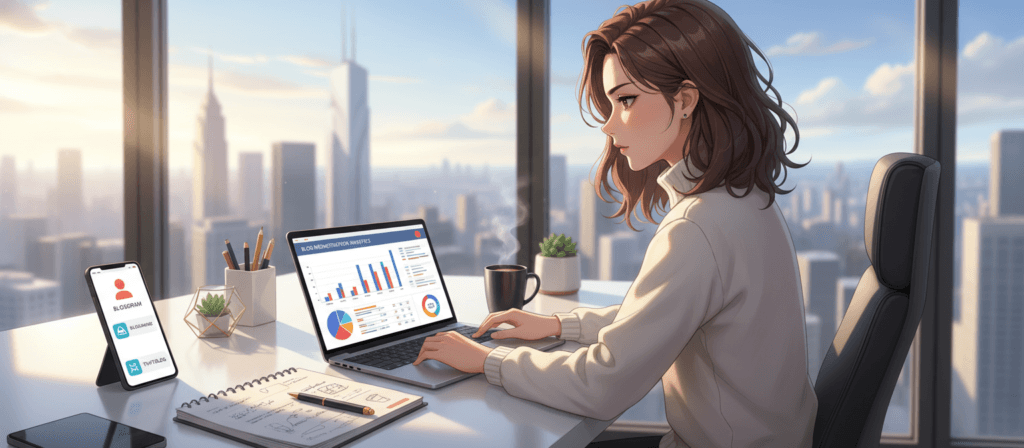 A professional blogger sitting at a sleek, modern desk, deeply focused on their laptop, which displays graphs and analytics about blog monetization. In the foreground, a notepad with scribbled ideas and a smartphone showing social media notifications. The middle ground features a well-organized workspace with stylish office supplies and a coffee cup. In the background, a large window reveals a bright cityscape, symbolizing opportunity and success. Soft, warm lighting illuminates the scene, creating an inviting atmosphere, while the angle is slightly above the table, giving a dynamic view of the blogger's concentration and professionalism. The mood is one of ambition and determination, reflecting the journey of turning blogging into a profitable venture.