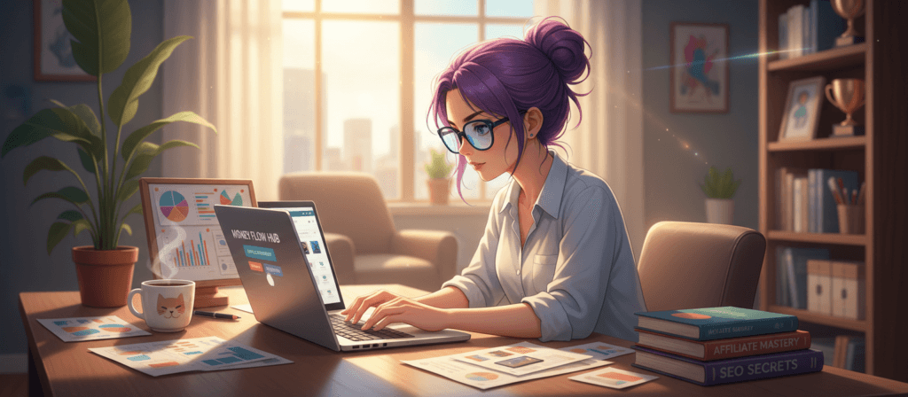 A professional blogger working on a laptop at a stylish desk, surrounded by various affiliate marketing materials like charts, graphs, and product catalogs. In the foreground, a sleek laptop shows a well-designed website with affiliate links. The middle ground features an organized workspace with a potted plant and a coffee cup, adding a personal touch. The background is softly blurred, showcasing a modern home office with warm natural light streaming through a window, casting gentle shadows. The atmosphere is focused and inspiring, capturing the essence of productivity and financial opportunity, highlighted by a gentle lens flare effect to create a sense of optimism and potential success in blog monetization.