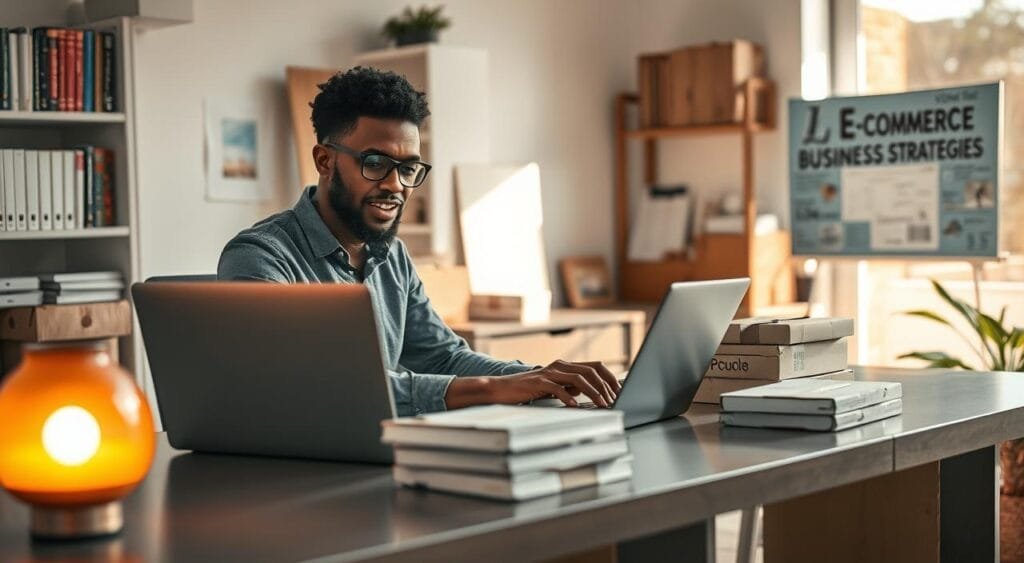 A professional entrepreneur working at a sleek desk, engaged in e-commerce activities on a laptop, with stacks of packaged products and shipping boxes around them. The foreground features a warm, inviting light source illuminating the workspace, creating a focused atmosphere. In the middle ground, the entrepreneur, a diverse individual dressed in smart casual attire, actively examines product listings. The background showcases a modern home office with shelves filled with e-commerce books and a vision board of business strategies. Soft natural light filters through a window, enhancing the sense of opportunity and growth. The overall mood is inspiring and productive, reflecting the potential of generating income through e-commerce.