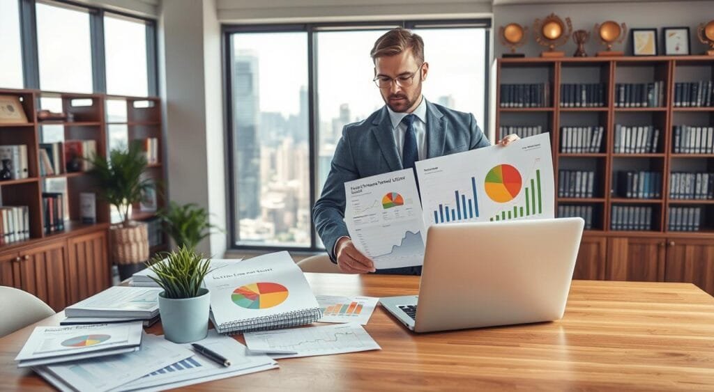 A professional financial advisor, dressed in business attire, stands confidently at a large wooden desk in a modern office, analyzing a colorful pie chart and graphs illustrating diverse investment portfolios. In the foreground, a collection of financial documents, a laptop displaying market trends, and a plant add depth. In the middle ground, a large window reveals a bustling city skyline, symbolizing wealth and opportunity. The background features shelves filled with finance books and awards, emphasizing expertise. Soft, natural lighting streams through the window, casting gentle shadows, creating an atmosphere of calm professionalism and strategic thinking. The overall mood reflects the significance of diversification in wealth management, inspiring confidence and clarity. A professional financial advisor, dressed in business attire, stands confidently at a large wooden desk in a modern office, analyzing a colorful pie chart and graphs illustrating diverse investment portfolios. In the foreground, a collection of financial documents, a laptop displaying market trends, and a plant add depth. In the middle ground, a large window reveals a bustling city skyline, symbolizing wealth and opportunity. The background features shelves filled with finance books and awards, emphasizing expertise. Soft, natural lighting streams through the window, casting gentle shadows, creating an atmosphere of calm professionalism and strategic thinking. The overall mood reflects the significance of diversification in wealth management, inspiring confidence and clarity.