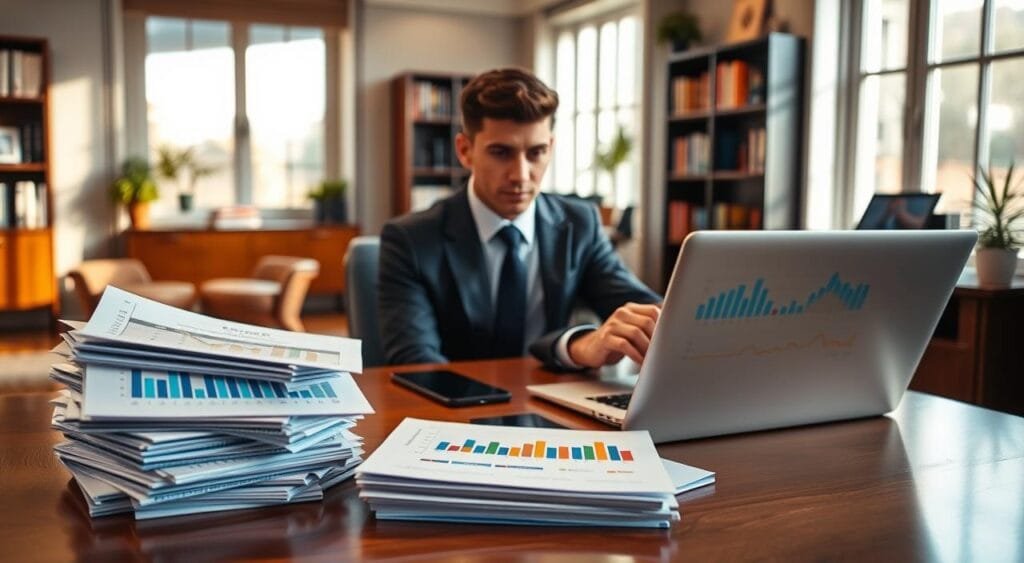 A professional financial advisor in smart business attire is seated at a sleek wooden desk, analyzing a set of financial documents and charts. In the foreground, a stack of colorful graphs and reports are neatly organized, showcasing credit scores and wealth-building strategies. The middle layer features a digital tablet displaying various credit management tools and strategies, while a laptop is open, highlighting a financial planning software interface. In the background, a tasteful office space is adorned with financial bookshelves and a large window letting in soft, natural sunlight, casting gentle shadows. The atmosphere is focused and sophisticated, emphasizing the importance of strategic credit management in wealth building. Use a warm color palette with balanced lighting for a professional yet inviting feel. A professional financial advisor in smart business attire is seated at a sleek wooden desk, analyzing a set of financial documents and charts. In the foreground, a stack of colorful graphs and reports are neatly organized, showcasing credit scores and wealth-building strategies. The middle layer features a digital tablet displaying various credit management tools and strategies, while a laptop is open, highlighting a financial planning software interface. In the background, a tasteful office space is adorned with financial bookshelves and a large window letting in soft, natural sunlight, casting gentle shadows. The atmosphere is focused and sophisticated, emphasizing the importance of strategic credit management in wealth building. Use a warm color palette with balanced lighting for a professional yet inviting feel.