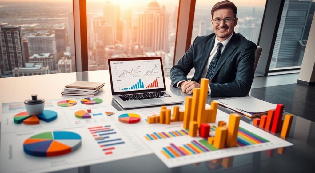A professional financial advisor seated at a sleek, modern desk arranged with vibrant charts and graphs depicting diverse asset allocation strategies. In the foreground, colorful pie charts and bar graphs show various investment categories like stocks, bonds, real estate, and commodities. The middle ground features a laptop displaying complex data analysis and an abstract visualization of portfolio diversification. The background includes a large window showcasing a bustling city skyline, symbolizing economic growth. The scene is illuminated with warm, natural light creating a hopeful atmosphere, evoking smart investment decisions. The advisor, dressed in a tailored business suit, exudes confidence and focus, enhancing the theme of strategic investing. The overall composition conveys clarity, professionalism, and the importance of diversification in asset management.