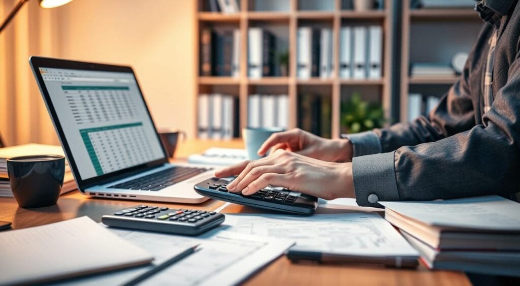 A professional freelance accountant working intently at a modern desk, surrounded by budgeting tools like a laptop open to a spreadsheet, a calculator, and stacks of financial documents. In the foreground, a close-up view shows the accountant's hands adjusting figures on the calculator, accentuating their focus and precision. In the middle, the well-organized desk is adorned with a notepad and a cup of coffee, adding to the ambiance of productivity. The background features a softly lit workspace with shelves containing books on finance and accounting, creating a sense of professionalism. Warm, ambient lighting casts a cozy yet focused atmosphere, inviting the viewer to engage with the subject matter. The accountant is dressed in business casual attire, exuding a sense of reliability and expertise.