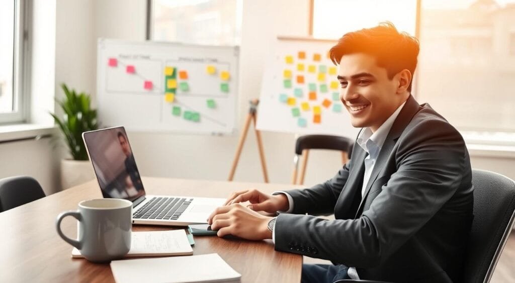 A professional freelance consultant sitting at a stylish desk in a well-lit modern office, engaged in a video call with a client on a laptop. The foreground features a notepad with handwritten notes and a steaming coffee mug, symbolizing active relationship management. In the middle, the consultant, a young professional in business attire, focuses intently on the screen, displaying a warm smile, conveying friendliness and approachability. In the background, a whiteboard filled with project timelines and colorful sticky notes illustrates the organized nature of client management. Soft natural light filters through large windows, creating an optimistic and productive atmosphere. The overall mood is professional yet welcoming, emphasizing the importance of strong client relationships in freelance work. A professional freelance consultant sitting at a stylish desk in a well-lit modern office, engaged in a video call with a client on a laptop. The foreground features a notepad with handwritten notes and a steaming coffee mug, symbolizing active relationship management. In the middle, the consultant, a young professional in business attire, focuses intently on the screen, displaying a warm smile, conveying friendliness and approachability. In the background, a whiteboard filled with project timelines and colorful sticky notes illustrates the organized nature of client management. Soft natural light filters through large windows, creating an optimistic and productive atmosphere. The overall mood is professional yet welcoming, emphasizing the importance of strong client relationships in freelance work.