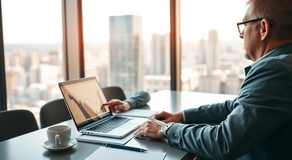 A professional freelance digital marketing consultant sitting at a modern desk, analyzing marketing data on a laptop. In the foreground, the consultant, a middle-aged person with glasses, is dressed in smart casual attire, focused and taking notes. The middle ground features a sleek laptop with charts and graphs displayed on its screen, surrounded by a notepad and a cup of coffee. In the background, a large window shows a bright city skyline, with soft natural light pouring in, creating a warm and inviting atmosphere. The overall mood is productive and insightful, emphasizing the importance of analyzing marketing efforts effectively. The angle is slightly elevated, capturing the workspace from a dynamic perspective, highlighting the consultant's engagement with their task. A professional freelance digital marketing consultant sitting at a modern desk, analyzing marketing data on a laptop. In the foreground, the consultant, a middle-aged person with glasses, is dressed in smart casual attire, focused and taking notes. The middle ground features a sleek laptop with charts and graphs displayed on its screen, surrounded by a notepad and a cup of coffee. In the background, a large window shows a bright city skyline, with soft natural light pouring in, creating a warm and inviting atmosphere. The overall mood is productive and insightful, emphasizing the importance of analyzing marketing efforts effectively. The angle is slightly elevated, capturing the workspace from a dynamic perspective, highlighting the consultant's engagement with their task.