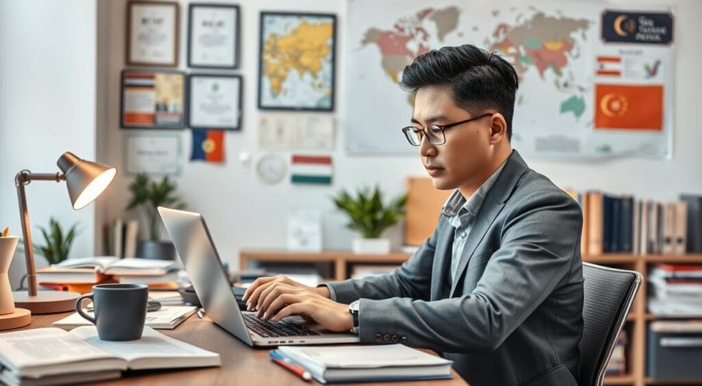 A professional freelance translator working at a modern workspace, surrounded by translation tools and diverse language materials. In the foreground, a focused individual of Asian descent, wearing smart business casual attire, is typing intently on a laptop with translation software open. The middle ground features a desk cluttered with multilingual dictionaries, notebooks, and a coffee mug, with the soft glow of a desk lamp providing warm, inviting lighting. In the background, a wall adorned with certificates in various languages and world maps reflects a global perspective on translation. The atmosphere is calm and productive, emphasizing the importance of accuracy and professionalism in translation services, captured from a slightly elevated angle to include both the translator and the tools of their trade.