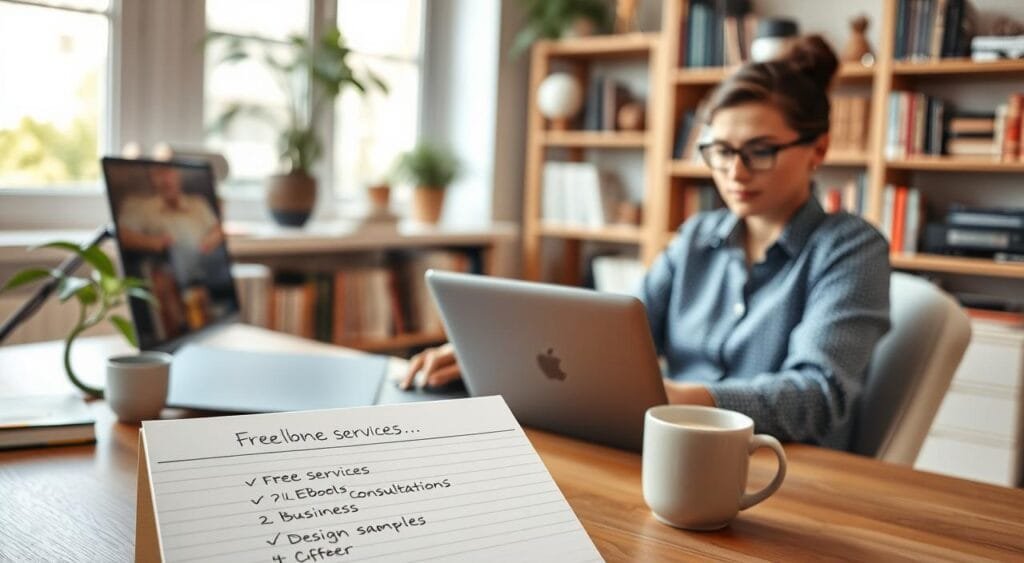 A professional freelancer sitting at a well-organized home office desk, engaged in a video call with a potential client on a laptop. In the foreground, a notepad displays a checklist of free services offered, such as eBooks, consultations, or design samples. The middle ground features a cozy bookshelf filled with business books, a plant for a touch of greenery, and a coffee mug to create a warm atmosphere. The background shows a window with natural light streaming in, creating a bright and inviting environment. The mood is professional yet approachable, focusing on building connections and providing value. Use soft lighting and a slightly blurred background to emphasize the freelancer’s focus on the client interaction.