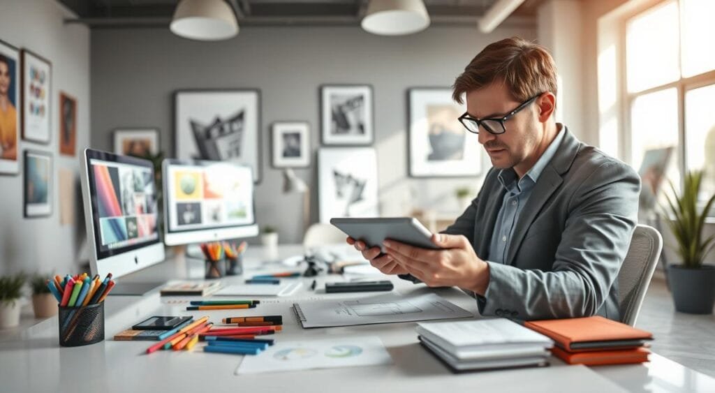 A professional graphic artist working at a sleek, modern desk is the focus of the image. In the foreground, the artist, a middle-aged individual with short brown hair, is intently reviewing design concepts on a large tablet, wearing a smart casual outfit with a tailored shirt and glasses. The middle ground features an organized workspace cluttered with colorful design tools, such as markers and sketchbooks, alongside a computer displaying vibrant graphics. In the background, bright, natural light floods the room through large windows, illuminating stylish plants and framed artwork on the walls, creating an inspiring atmosphere. The overall mood is focused and confident as the artist quietly contemplates their pricing strategy while immersed in their creative process. The perspective is slightly above eye level, providing a comprehensive view of the workspace.