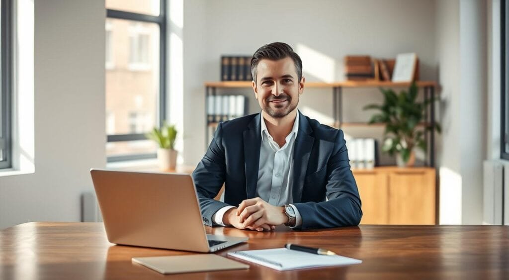 A professional legal consultant seated at a sleek wooden desk in a modern office, dressed in a tailored navy suit and white shirt, looking confidently at the camera. The foreground features an elegant desk arrangement with a laptop, legal documents, and a stylish pen. In the middle background, there's a shelf filled with law books and a small potted plant for a touch of green. The office is well-lit with natural light streaming through large windows, casting soft shadows that create a warm, inviting atmosphere. The angle captures the consultant from a slight side view, emphasizing their thoughtful demeanor while maintaining a sense of professionalism and approachability. The overall mood conveys trust, expertise, and competence in legal matters.